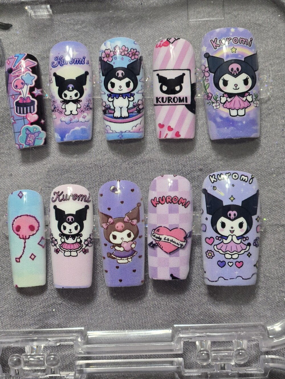 Kuromi Press-On Nail Set with Pastel Purple & Pink Designs, Medium Length Square